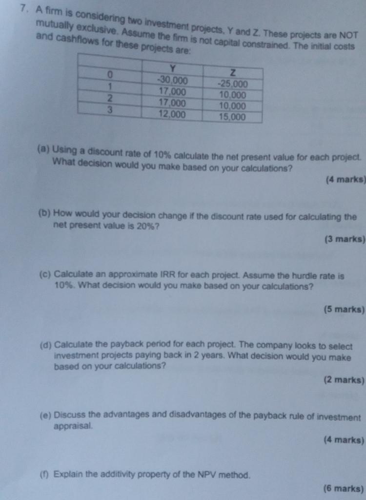 Solved 7. A Firm Is Considering Two Investment Projects. Y | Chegg.com