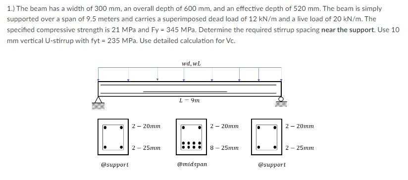 Solved 1.) The beam has a width of 300 mm, an overall depth | Chegg.com