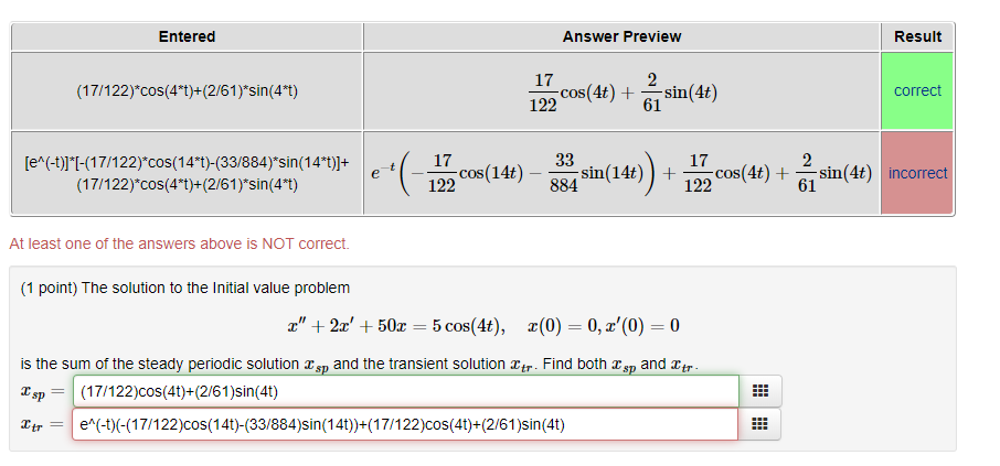 Solved Entered Answer Preview Result 17 122 Cos 4 T 2 Chegg Com