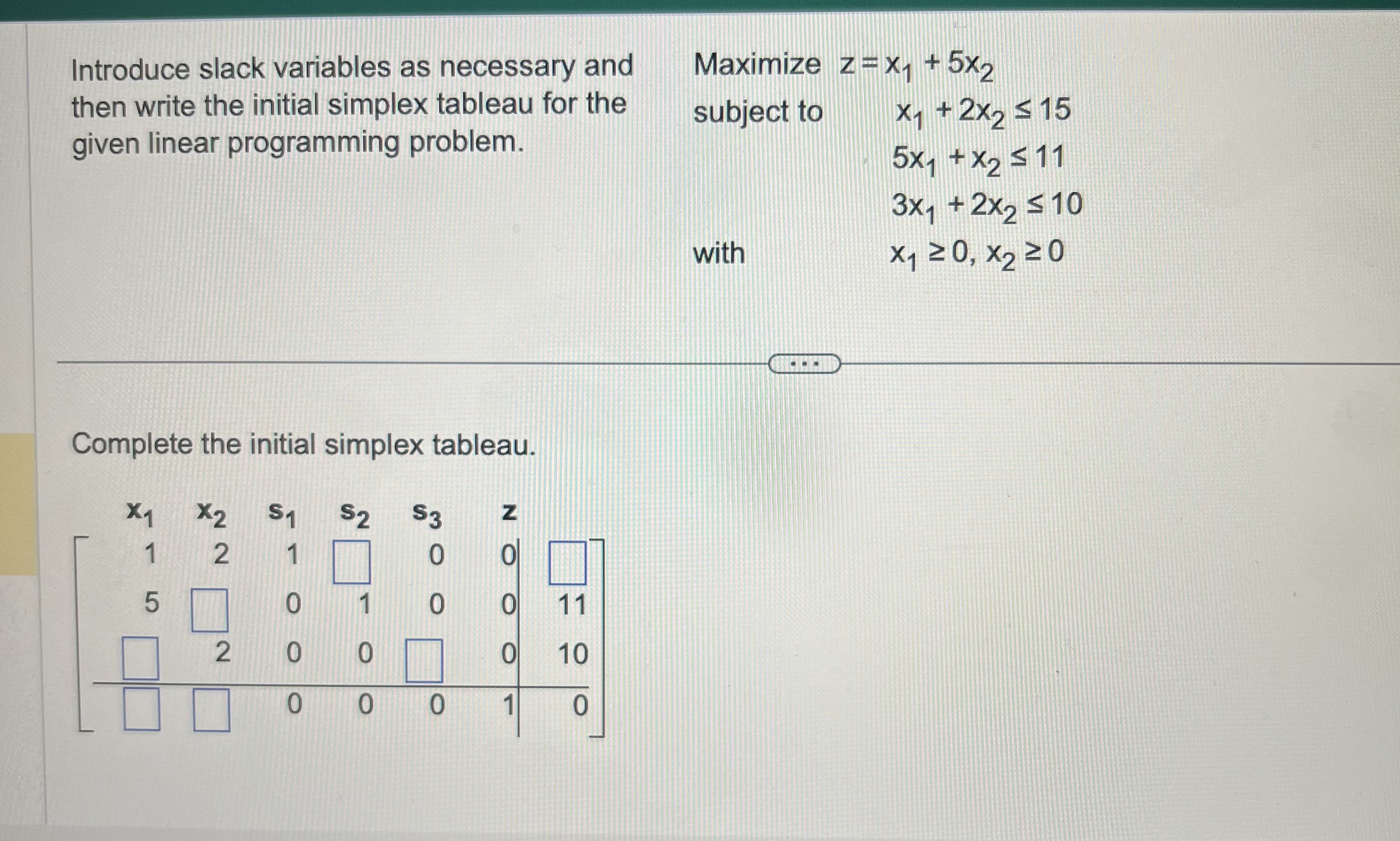 Solved Complete the initial simplex tableau. | Chegg.com