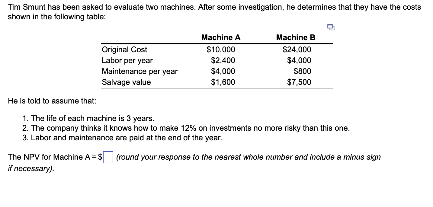 Solved Tim Smunt Has Been Asked To Evaluate Two Machines. 