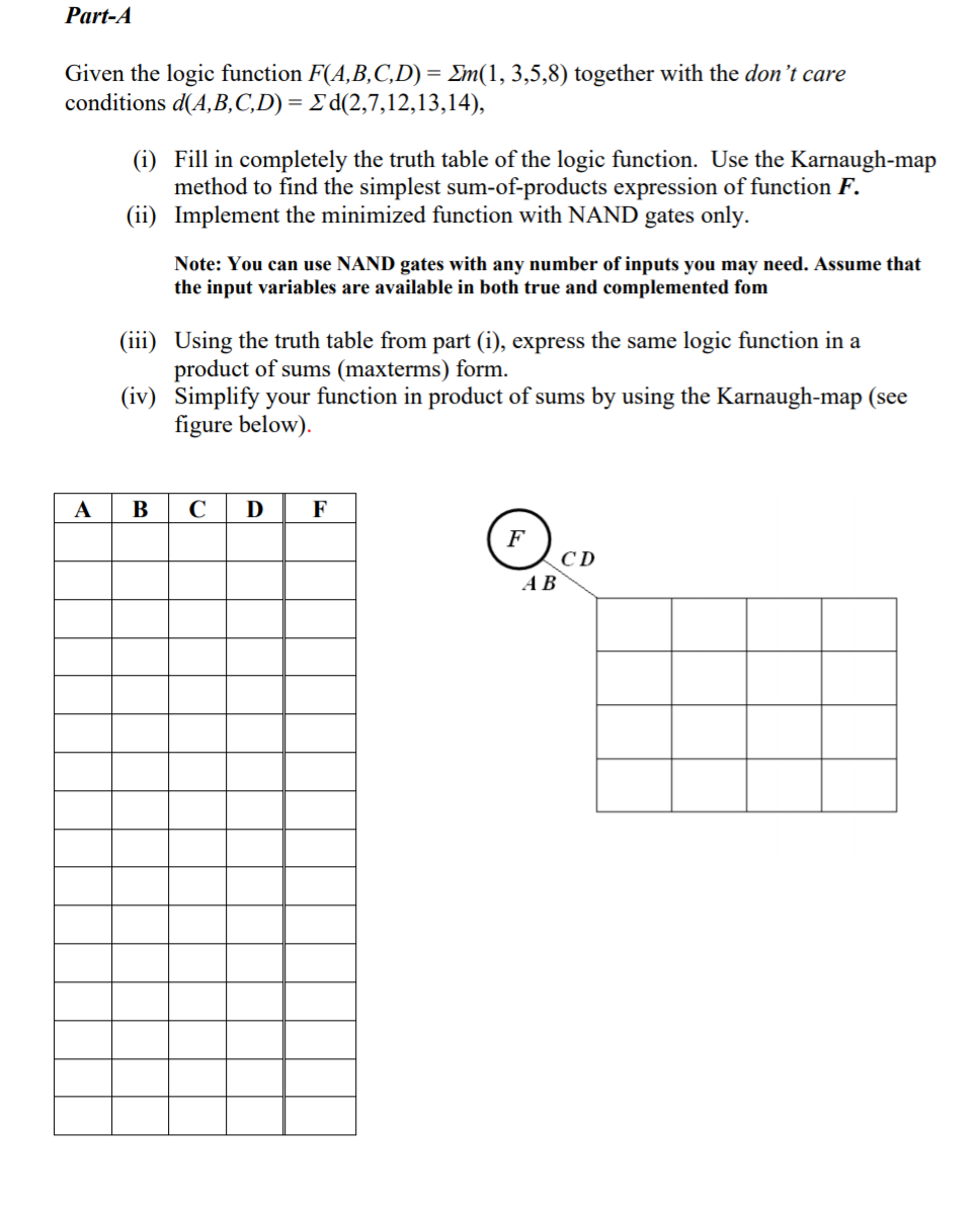 Solved Part-A Given The Logic Function F(A,B,C,D) = Em(1, | Chegg.com