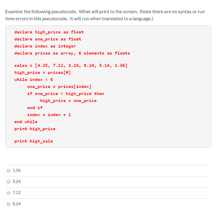 Solved Examine the following pseudocode. What will print to | Chegg.com