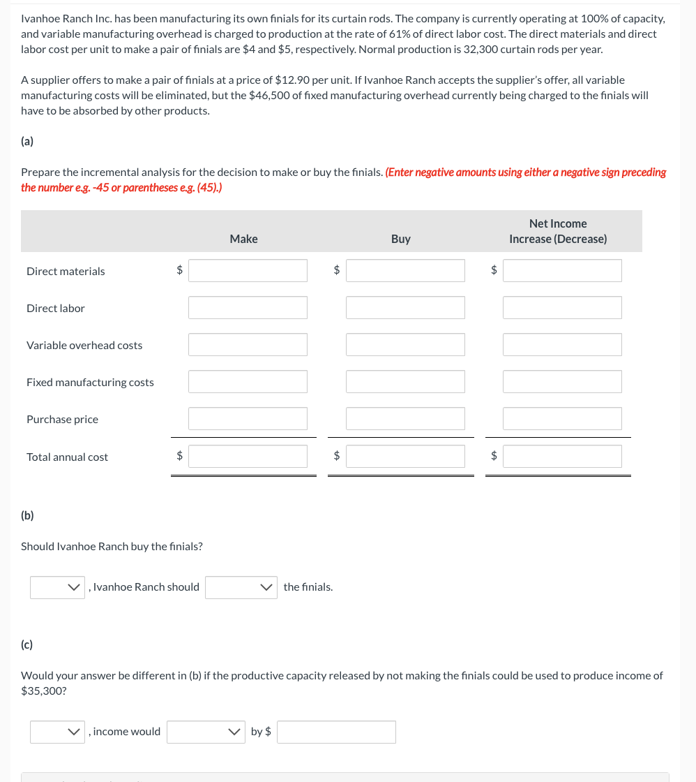 Solved Ivanhoe Ranch Inc. has been manufacturing its own