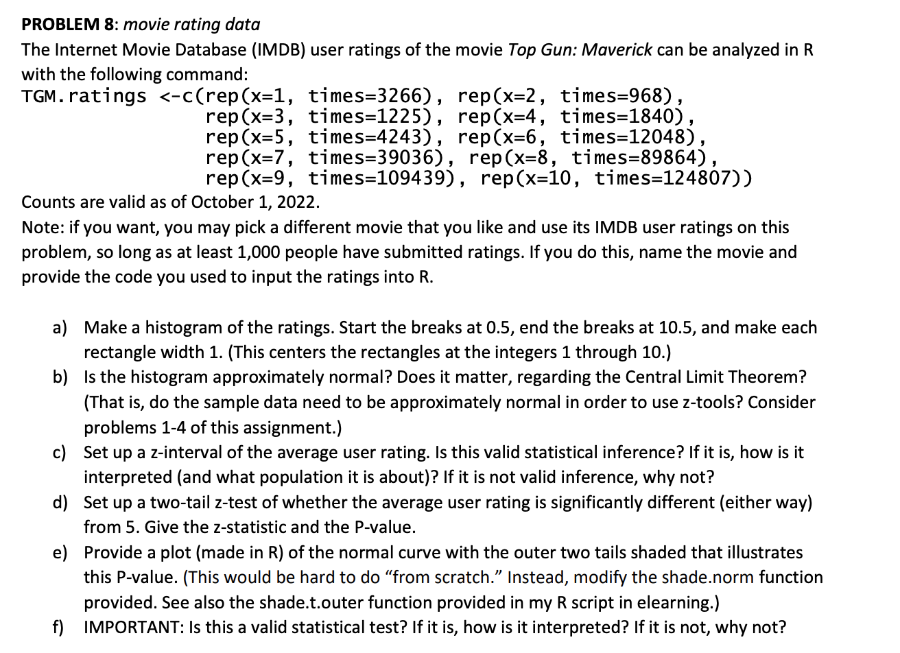 PROBLEM 8: movie rating data Internet Movie | Chegg.com