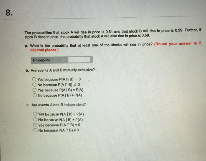 Solved The Probabilities That Stock A Will Rise In Price Is | Chegg.com