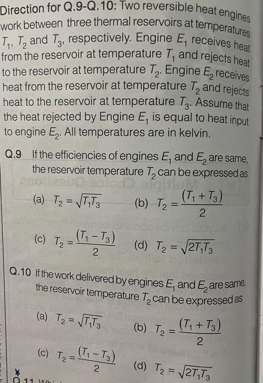 Solved Direction For Q.9-Q.10: Two Reversible Heat Engines | Chegg.com