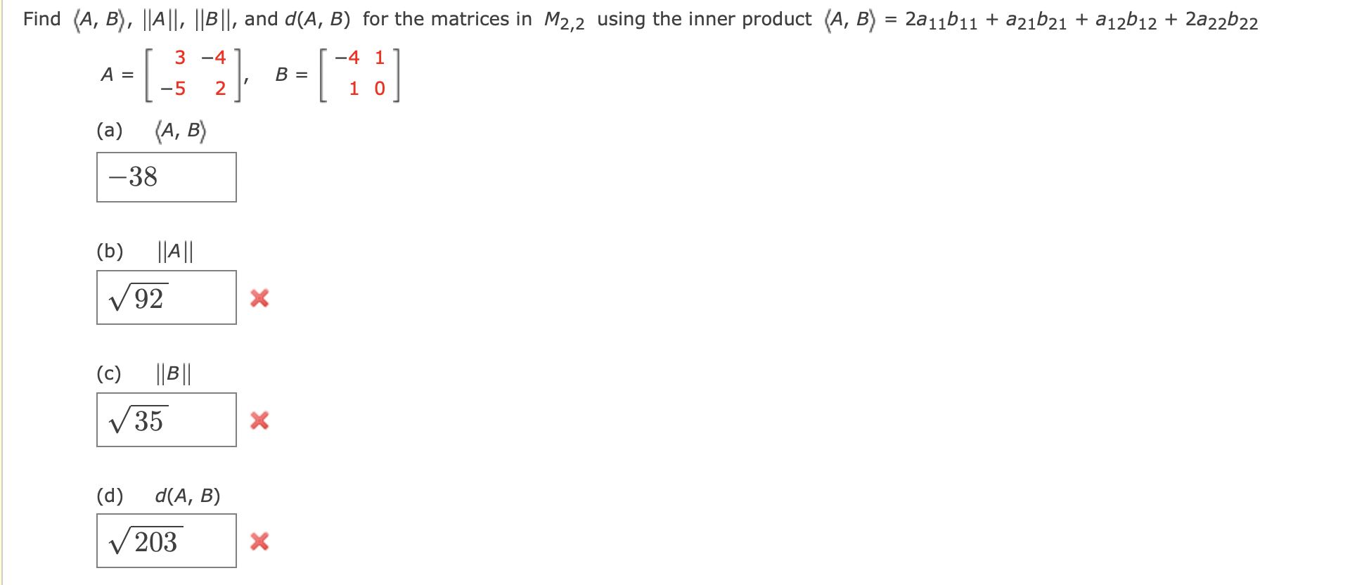 Solved Find (A, B), ||A||, || B||, And D(A, B) For The | Chegg.com