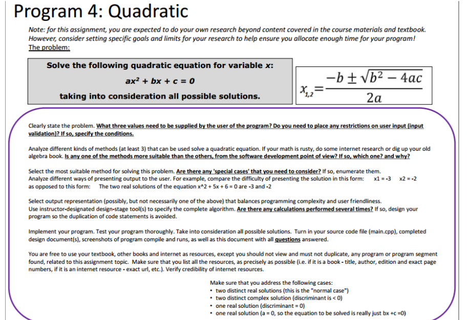 Solved Program 4: Quadratic Note: for this assignment, you | Chegg.com