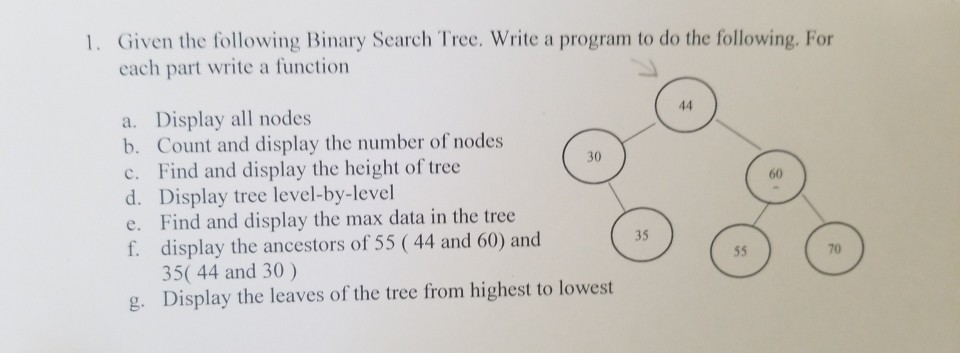 1. Given the following Binary Search Tree. Write a | Chegg.com