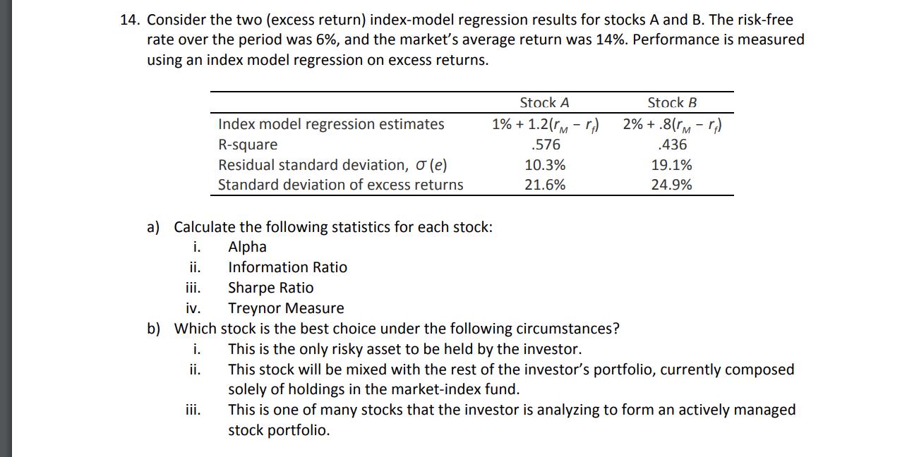 Solved 14. Consider the two (excess return) index-model | Chegg.com