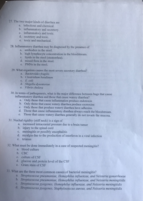 Solved 27. The Two Major Kinds Of Diarrhea Are A. Infectious 