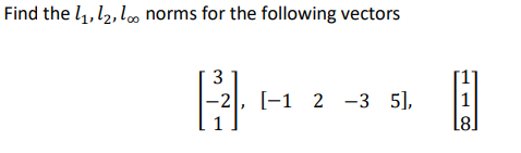 Solved Find the l1,l2,l∞ norms for the following vectors | Chegg.com