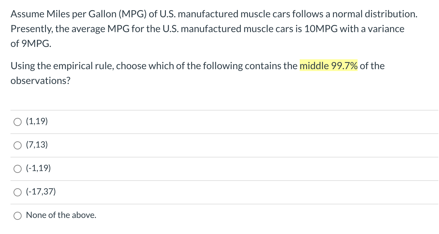 Solved Assume Miles per Gallon (MPG) of U.S. manufactured | Chegg.com
