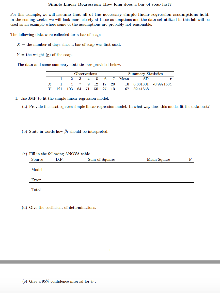 Solved Simple Linear Regression How long does a bar of soap