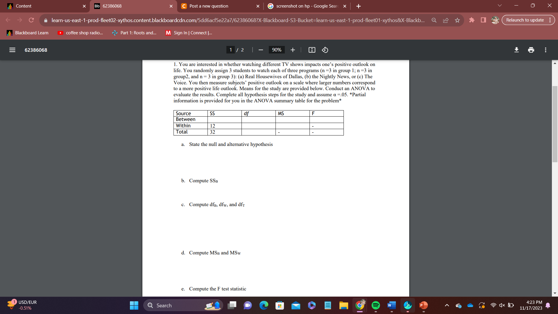 Solved f. Complete the ANOVA summary table.g. Determine the | Chegg.com