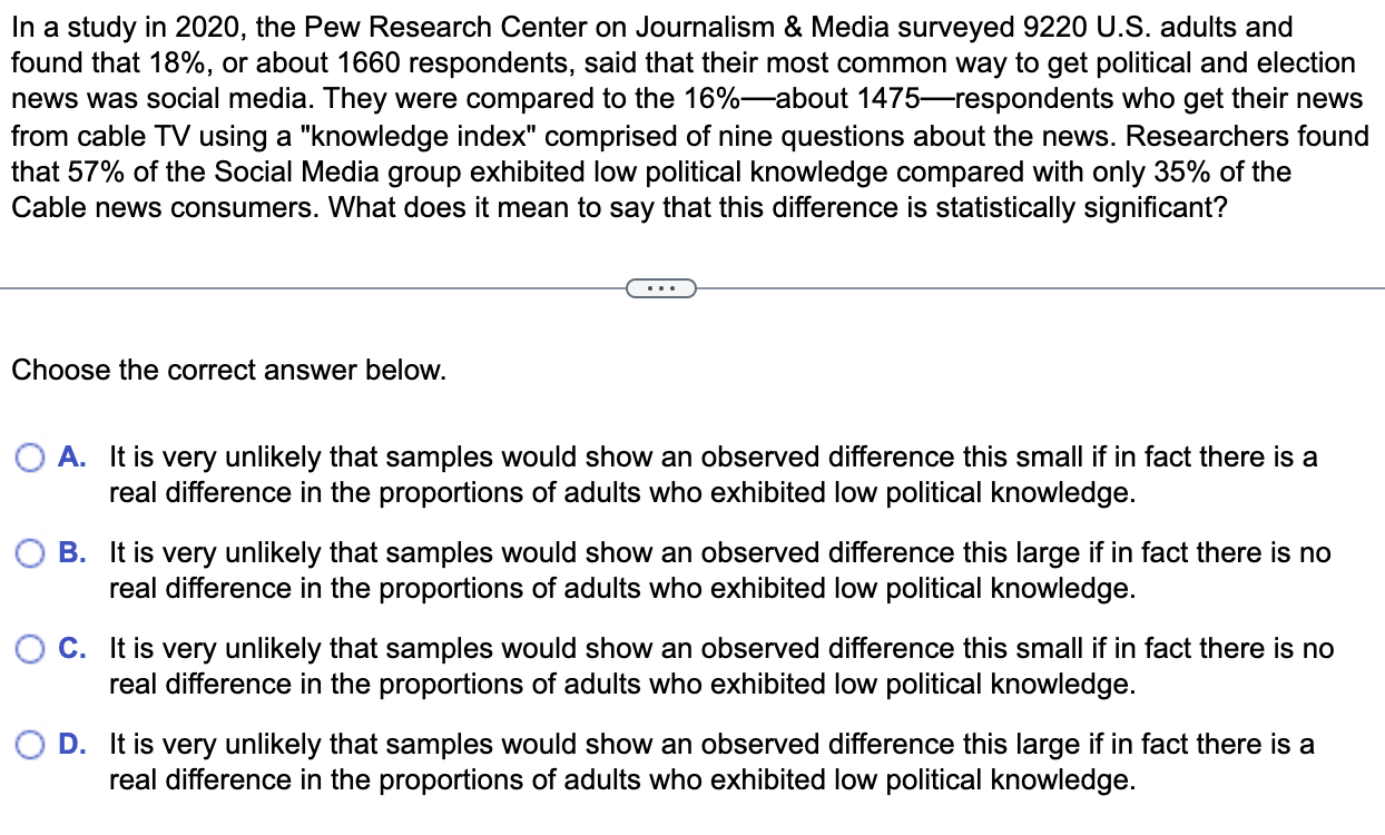 Solved In a study in 2020 , the Pew Research Center on | Chegg.com