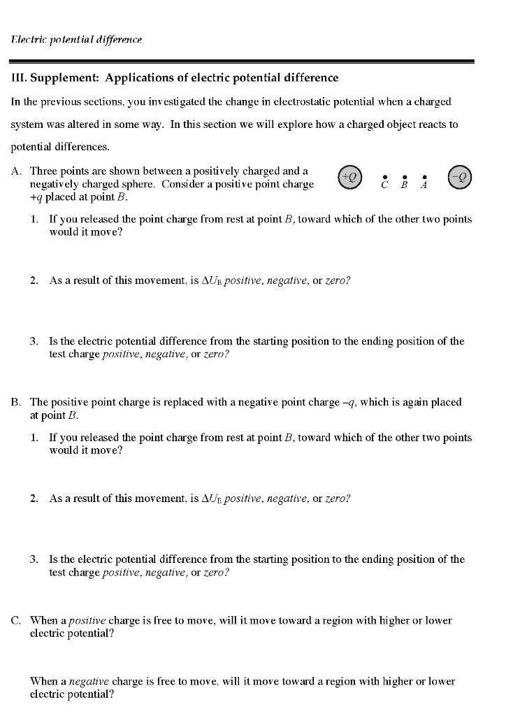Solved Electric potential difference III. Supplement: | Chegg.com