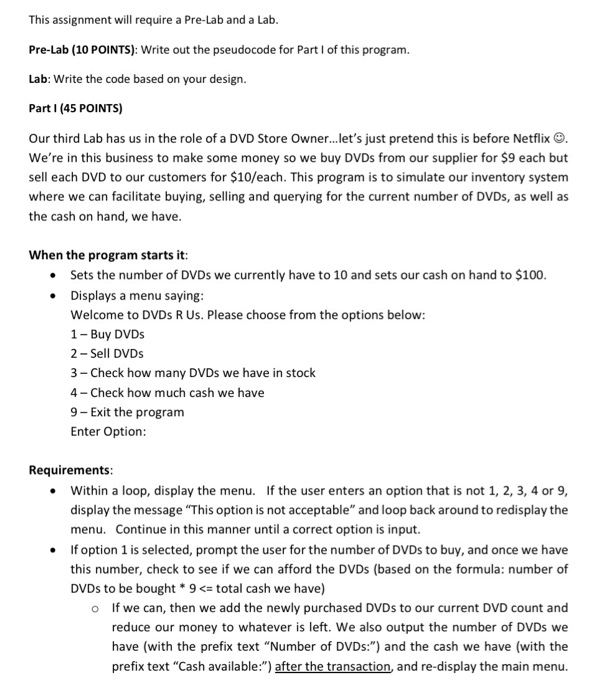 Solved This assignment will require a PreLab a a Lab Pre-Lab | Chegg.com