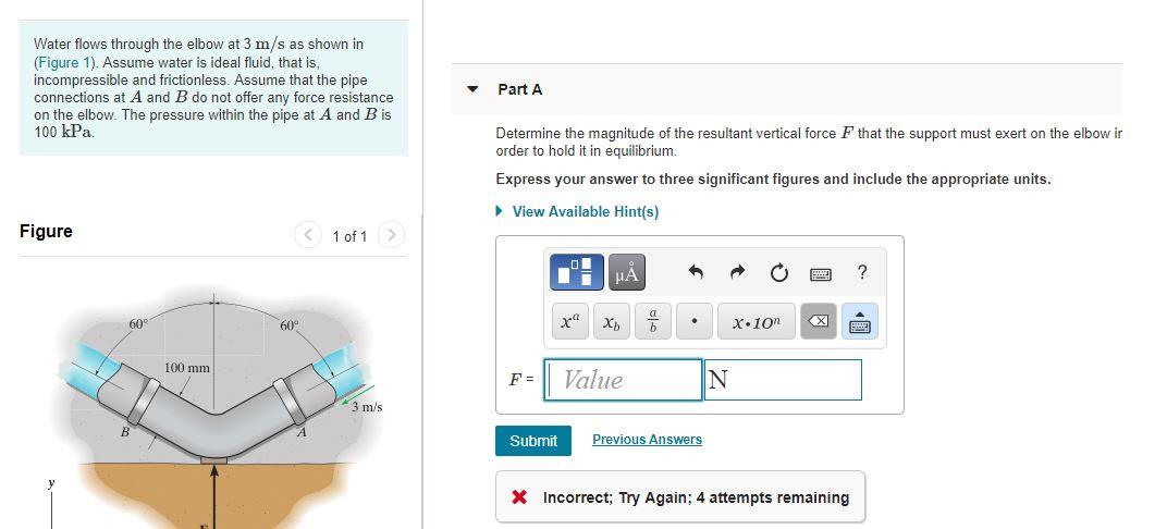 Solved Water flows through the elbow at 3 m/s as shown in | Chegg.com
