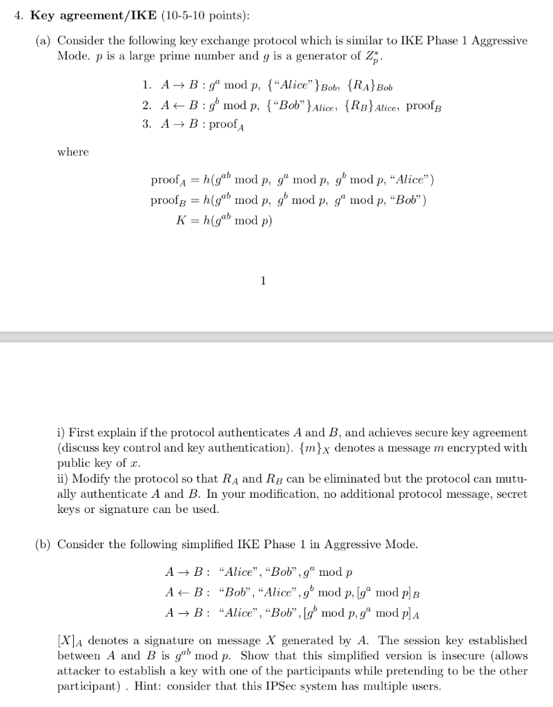 4 Key Agreement Ike 10 5 10 Points A Conside Chegg Com