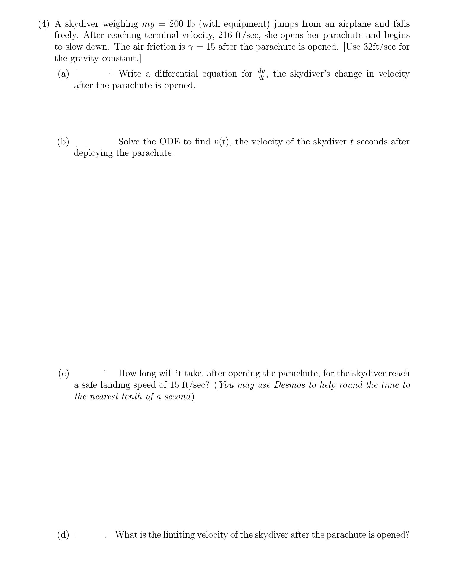 Solved 4) A Skydiver Weighing Mg=200lb (with Equipment) | Chegg.com