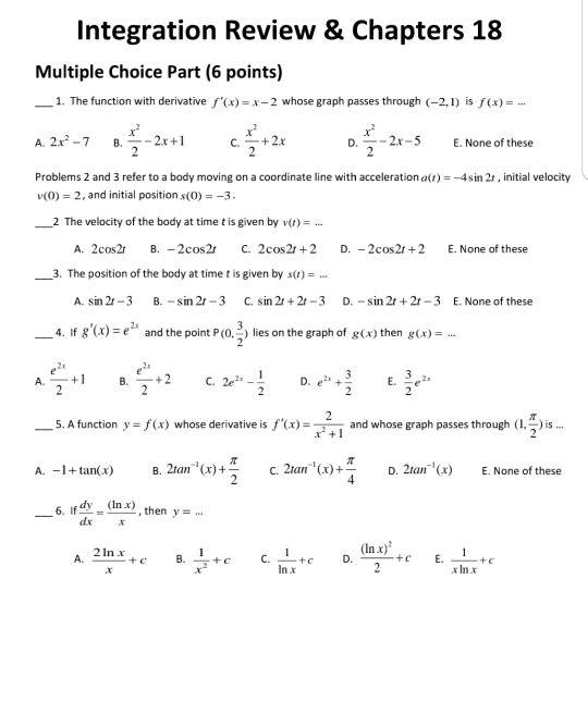 Solved Integration Review Chapters 18 Multiple Choice P Chegg Com