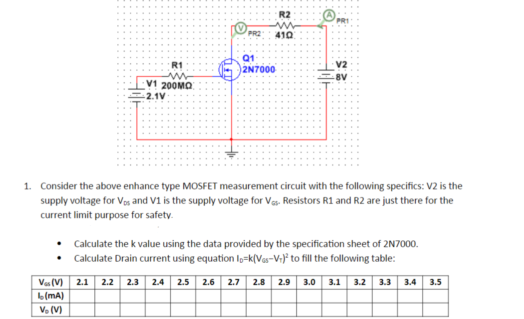 Solved PRI R2 W 410 PR2 R1 Q1 2N7000 V2 2.8V V1 200MO! -2.1V | Chegg.com