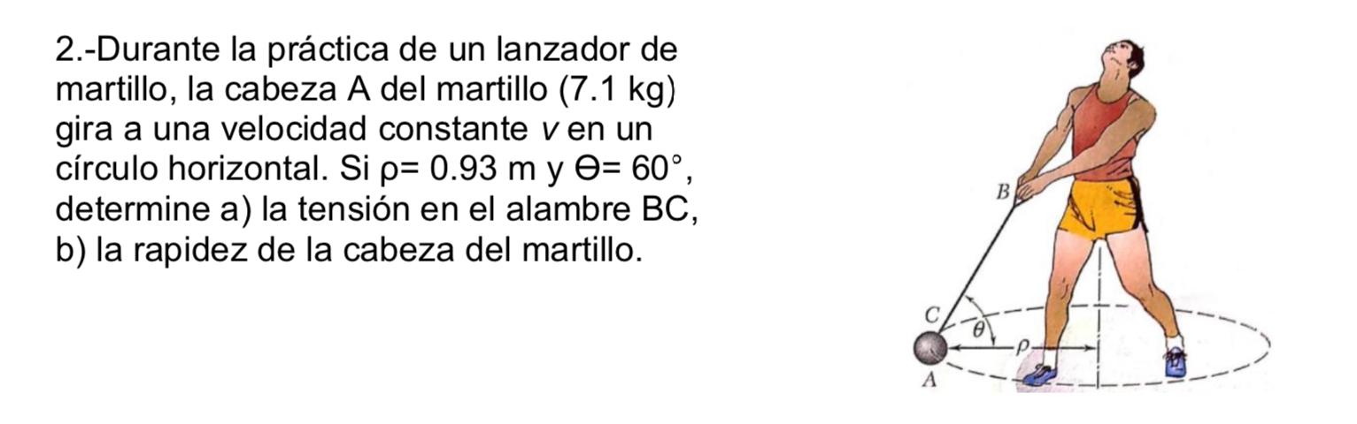 2.-Durante la práctica de un lanzador de martillo, la cabeza A del martillo \( (7.1 \mathrm{~kg} \) ) gira a una velocidad co