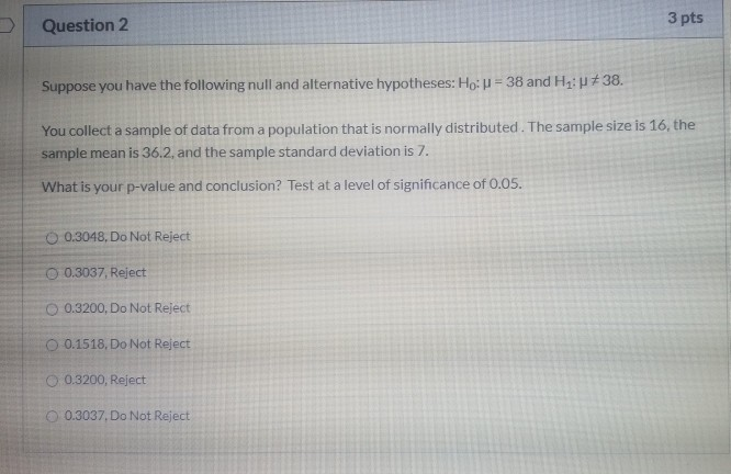 Solved Question 2 3 pts Suppose you have the following null | Chegg.com