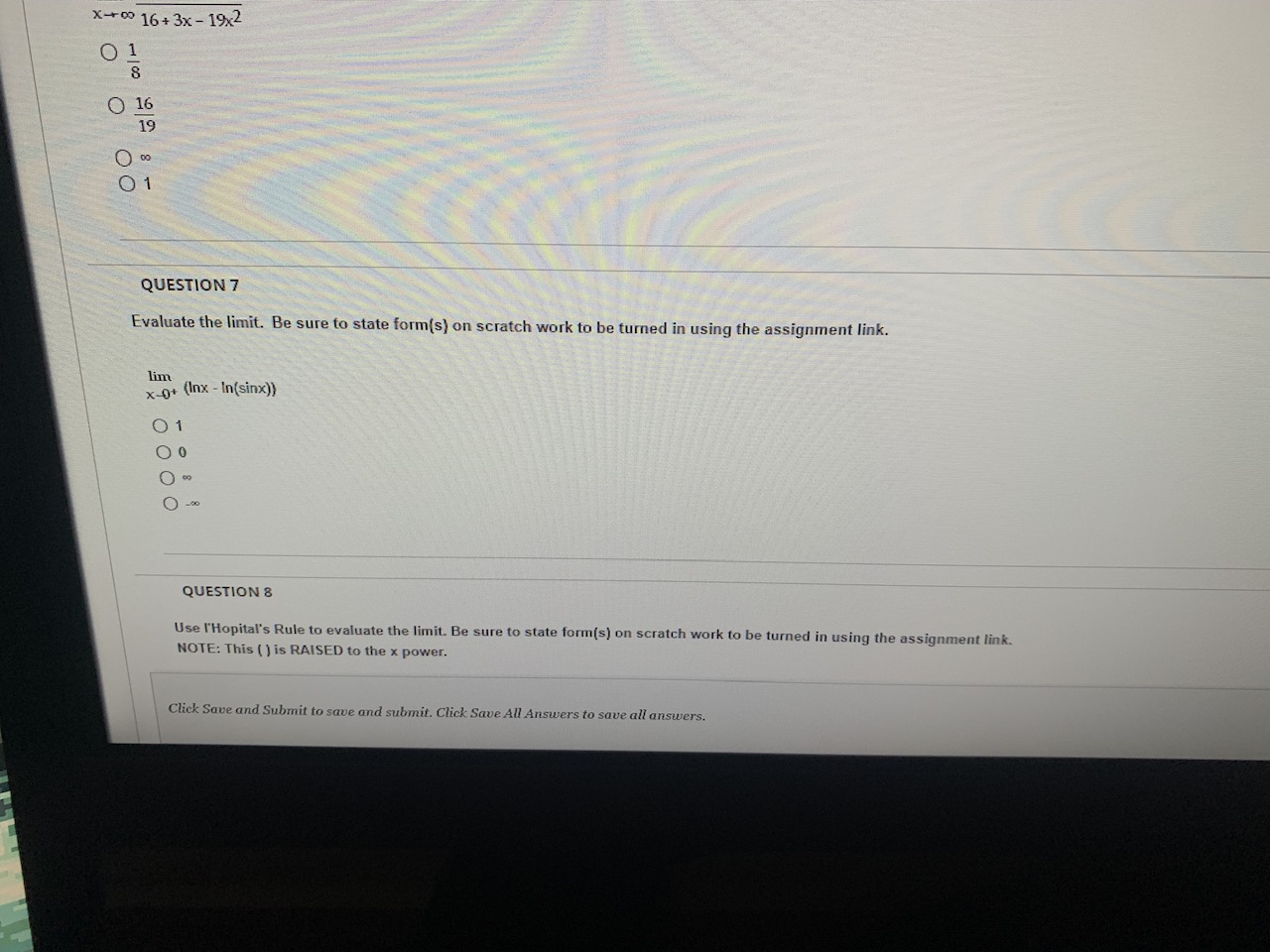 Solved x→∞16+3x−19x2811916∞1 QUESTION 7 Evaluate the limit. | Chegg.com