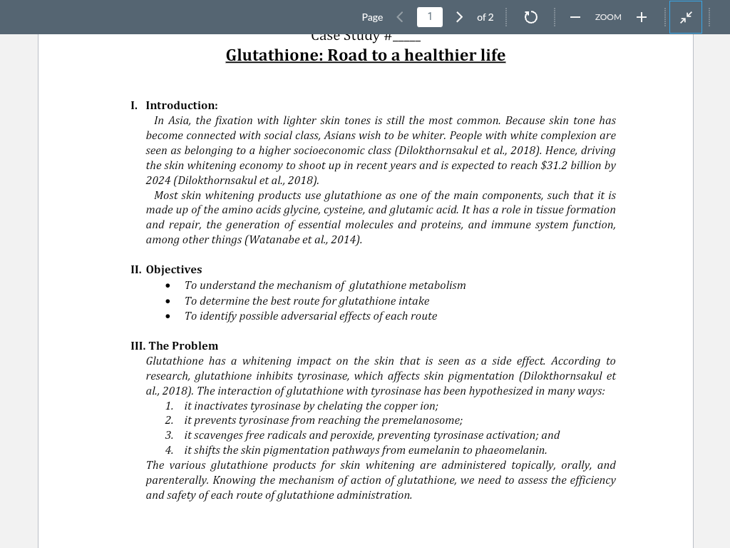 Solved Page 1 of 2 ZOOM case study Glutathione Road to