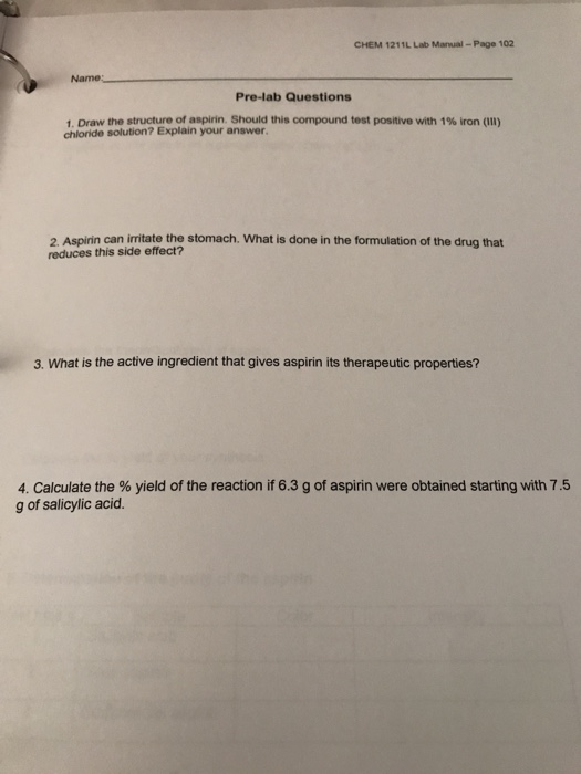 Solved CHEM 1211L Lab Manual Page 102 Prelab Questions 1.