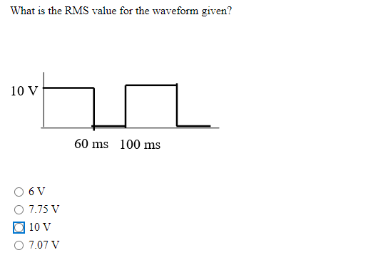 Solved What is the RMS value for the waveform given? 10 V 60 | Chegg.com