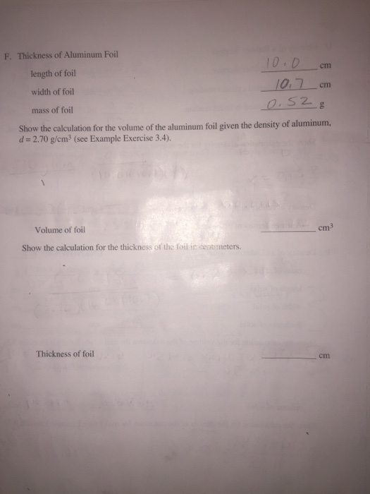 Solved Thickness of Aluminum Foil length of foil ___ cm