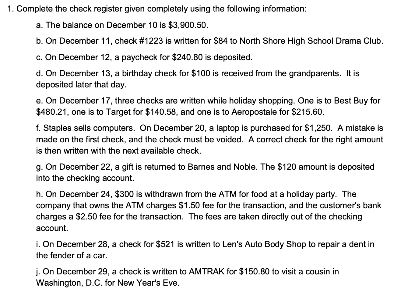Solved 1. Complete the check register given completely using | Chegg.com