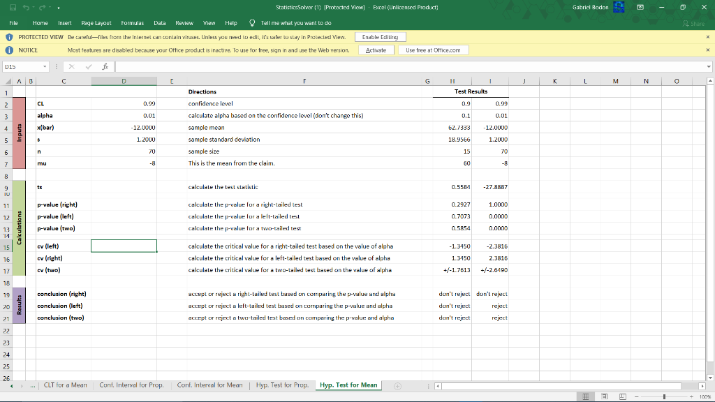 Solved Statistics Soler (1) Protected Vicw) - Excel | Chegg.com