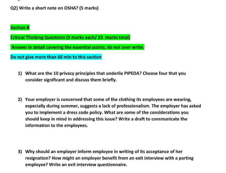 Solved Q2 Write A Short Note On OSHA 5 Marks Section B Chegg