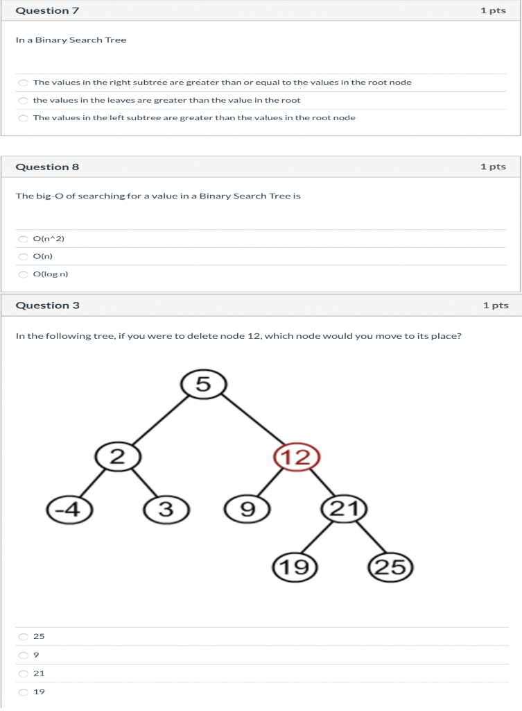 Solved Question 7 1 pts In a Binary Search Tree The values | Chegg.com