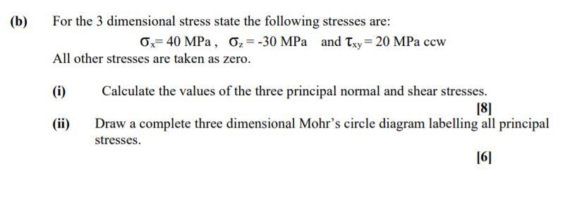 Solved (b) For the 3 dimensional stress state the following | Chegg.com