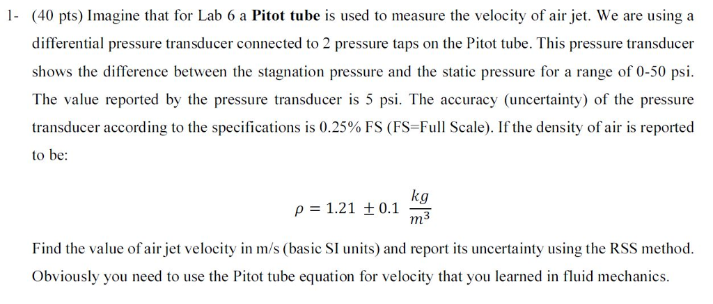 Solved Pts Imagine That For Lab A Pitot Tube Is Chegg Com