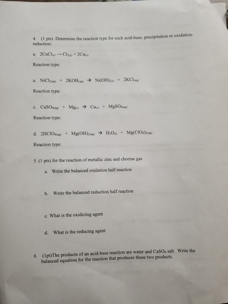 Solved 4. (1 pts) Determine the reaction type for each | Chegg.com