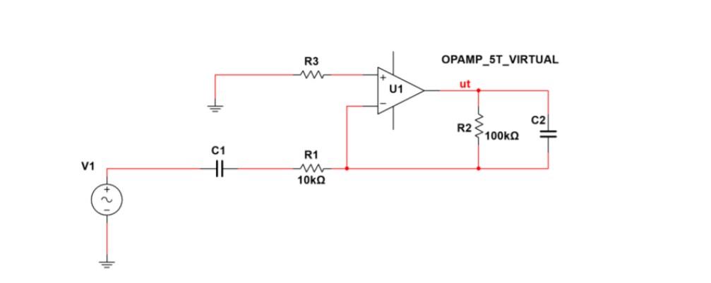 Solved R3 OPAMP_5T_VIRTUAL ut U1 C2 R2 >100k R1 V1 C1 HI 10k | Chegg.com