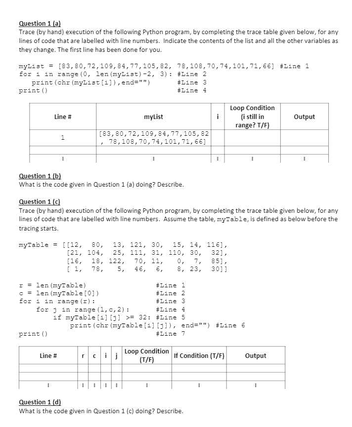 Solved Question 1 (a) Trace (by hand) execution of the | Chegg.com