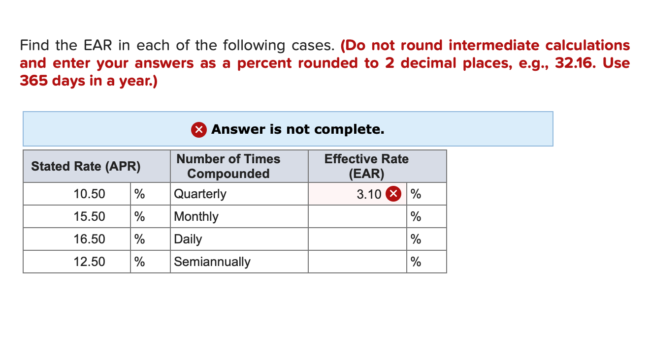 Solved Find the EAR in each of the following cases. (Do not | Chegg.com