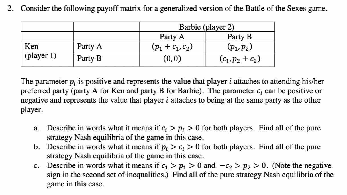 Solved 2. Consider the following payoff matrix for a | Chegg.com