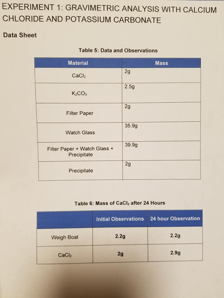 experiment 1 gravimetric analysis with calcium chloride and potassium carbonate