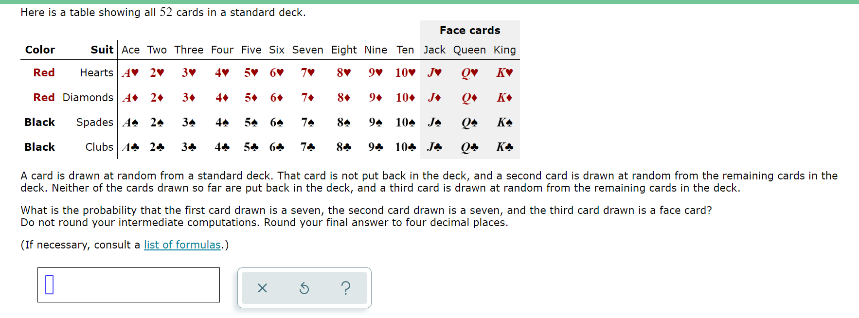 Solved Here is a table showing all 52 cards in a standard