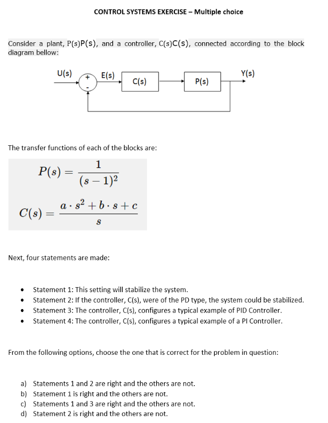 Solved CONTROL SYSTEMS EXERCISE - Multiple Choice Consider A | Chegg.com