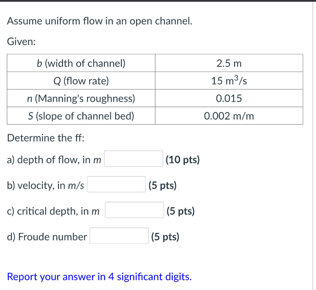 Solved Assume uniform flow in an open channel. Given: 2.5 m | Chegg.com